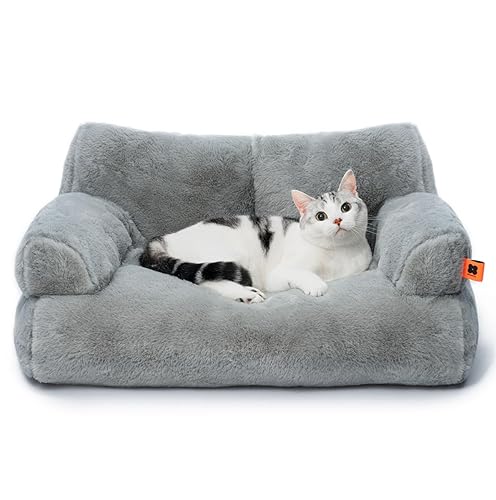 MEWOOFUN groß Katzenbett kleines Hundesofa Flauschig und waschbar Katzensofa Hundebett für Katzen, weich Katzenbett katzencouch mit Rutschfester Unterseite, Grau 66x48cm - M - Grau