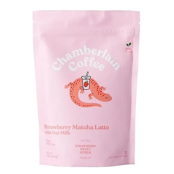Chamberlain Coffee Strawberry Matcha Latte - Vegan Strawberry Matcha Latte with Oat Milk - Strawberry, Sweet, Citrus - Japanese Matcha Powder - 10 Servings - Strawberry Matcha - 10 Ounce