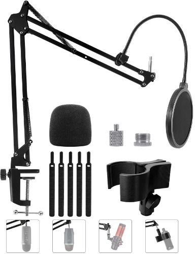 Microphone Stand for Blue Yeti, Yeti Nano, Snowball, QuadCast and Other Mic, Adjustable Suspension Boom Arm Desk Stand with 3/8"to 5/8" 1/4" Screw, Windscreen Pop Filter, Mic Clip Holder, Cable Ties
