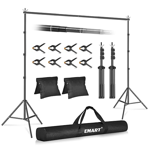 EMART Backdrop Stand 10x10ft(WxH) Photo Studio Adjustable Background Stand Support kit with 2 Crossbars, 8 Clamps, 2 Sandbags and Carry Bag for Parties, Events Decoration, Wedding, Photography - 10x10ft - Black