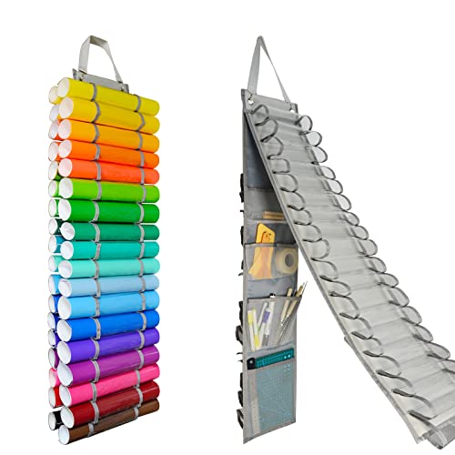 Tunnkit Vinyl Roll Holder - 36 Compartments Vinyl Storage Organizer with 7 Mesh Pockets Storage, Wall Mount/Over The Door Vinyl Roll Storage, with 2 Hooks and 2 Hanging Straps (Grey) - gray