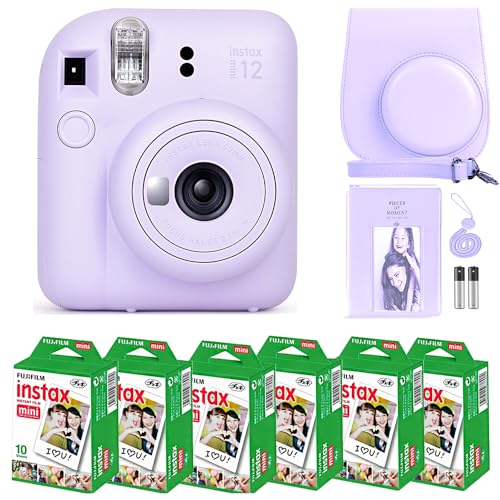 Fujifilm Instax Mini 12 Camera with Fujifilm Instant Mini Film (60 Sheets) Bundle with Deals Number One Accessories Including Carrying Case, Photo Album, Stickers (Lilac Purple) - Lilac Purple