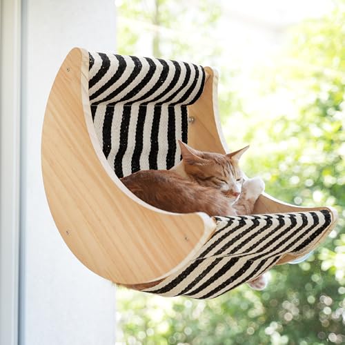 HAPYKITYS Window Cat Beds for Indoor Cats Perches Moon Shelves Mounted with Strong Suction Cups Cat Window Seat for Sleep and Watch Birds(Stripe) - Moon Windows Cat Bed stripe