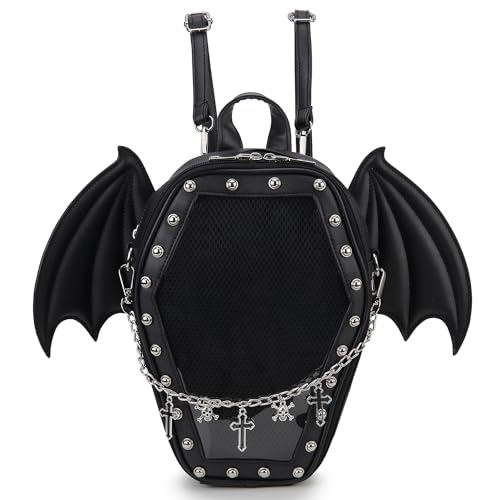 ENJOININ Gothic Coffin Shape Fashion Purses and Handbags for Women Halloween Shoulder Bag Backpack - Black Wings
