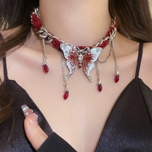 Punk Rock Goth Butterfly Necklace Choker - Red Necklace