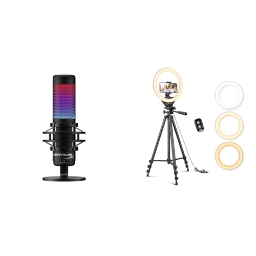 HyperX QuadCast S – RGB USB Condenser Microphone for PC & Sensyne 10'' Ring Light with 50'' Extendable Tripod Stand - Microphone + 10'' Ring Light - Black