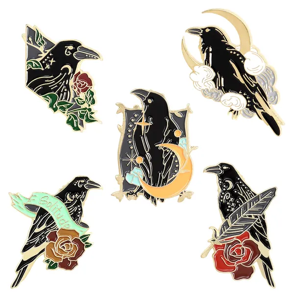 Black Crow Enamel Pins Set Art Rose Moon Lapel Pin Cute Aesthetic Badges for Children Women Backpack Shirt Denim Bag
