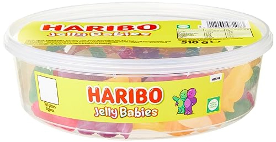 HARIBO Jelly Babies, Gummy Sweets Tub With Super Juicy Flavours, 510 Grams (100 Pieces)