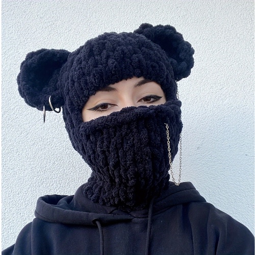 Cozy Knit Bear Beanie with Detachable Face Mask - Breathable, Warm Winter Hat for Women &amp; Girls