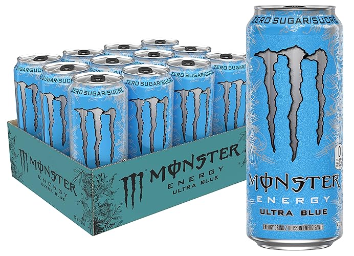 Monster Energy, Ultra Blue, 473mL cans, Pack of 12 - Raspberry - 473ml (Pack of 12)
