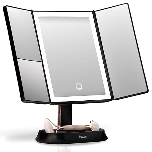 Fancii Makeup Mirror with Natural LED Lights, Lighted Trifold Vanity Mirror with 5X & 7X Magnifications - Dimmable Lights, Touch Screen, Cosmetic Stand - Sora (Black) - Black