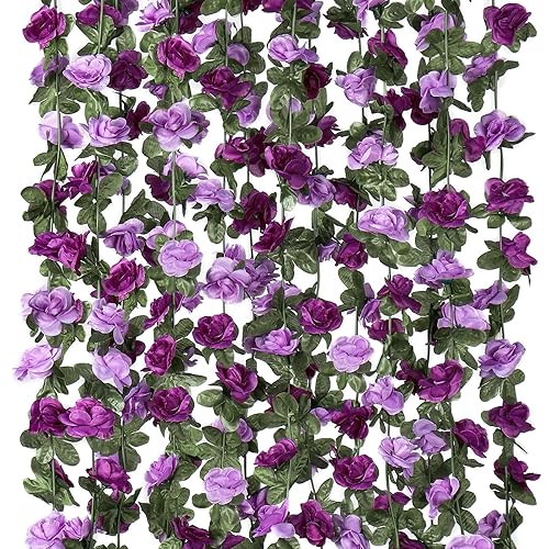 KHOYIME 8 Pack 64 FT Artificial Flower Garland, Fake Purple Roses Vines Silk Flowers Faux Plastic Outdoor Hanging Floral Ivy Garland Decoration for Wedding Arch Bedroom Home Wall Backdrop Room Decor - 8PCS - Purple