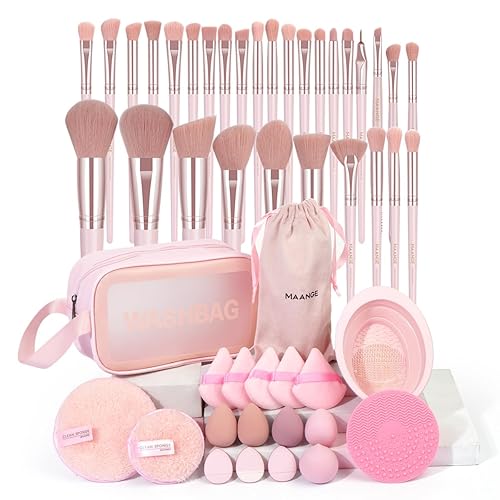 MAANGE Makeup Brush Set 49 Pcs Makeup Tool Set Premium Synthetic Foundation Powder Concealers Eye shadows Blush Makeup Brushes (Pink, 49 Piece Set) - Pink