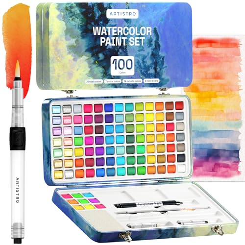 ARTISTRO Watercolor Paint Set, 100 Vivid Colors in Portable Box, Palette set Including Metallic, Fluorescent, Pastel Colors. Perfect Travel Watercolor Set for Artsits, Amateur, Hobbyists and Painting Lovers - Paint Set 100