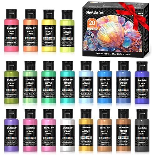 Shuttle Art Color Change Acrylic Paint, 20 Chameleon Colors Acrylic Paint, 60ml/2oz Bottles, Iridescent Paint for Artists, Beginners, Kids Painting & Crafting on Canvas, Rocks, Wood, Fabric, Ceramic - Chameleon - 2 Fl Oz (Pack of 20)