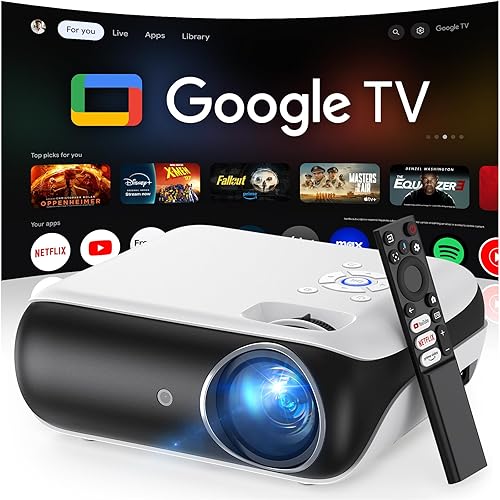 HAPPRUN Google TV Projector - 4K & HDR10+, WiFi & Bluetooth, Netflix-Licensed, Outdoor Movie Projector with Google Cast & Airplay - Google TV System