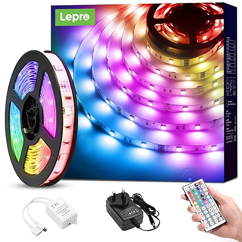 Lepro LED Strip Light 5M, Dimmable RGB LED Strips with Remote, Colour Changing Room Lights, Plug in LED Lights for Bedroom, Living Room, TV, Kitchen, Kids Room (5M, 150 Bright 5050 LEDs) - 5M
