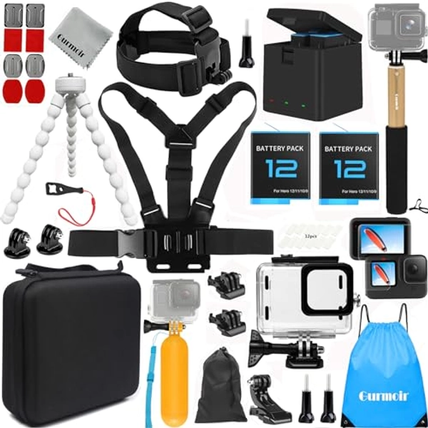 Gurmoir Accessories Kit for Gopro Hero 12/11/10/9 Black. 2 Batteries+3-Channel Charger Station+Waterproof Case+Selfie Stick+Tripod+Floating Hand Grip Compatible with Go Pro 12 11 10 9 Camera(PT11)