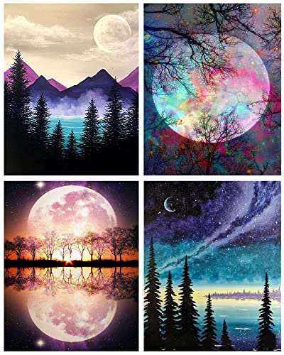 4 Pack Diamond Painting Kits for Adults, Landscape moon 5D DIY Full Drill Round Crystal Rhinestone Diamond Art Craft Canvas Perfect for Home Wall Deco and Relaxation (12x16inch x 4PCS) - 4 Pack B