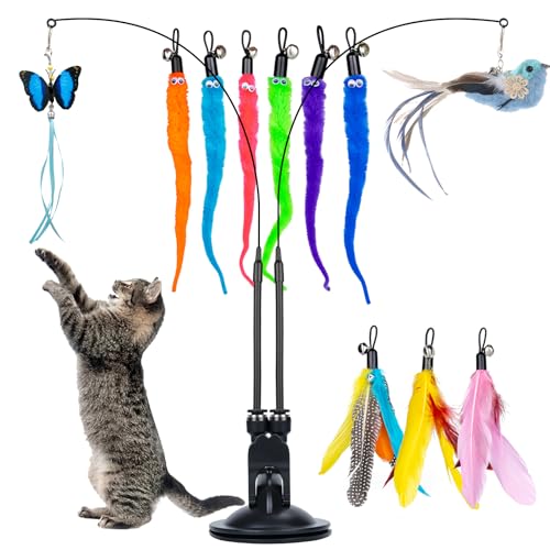 Cat Feather Toys, 14PCS Cat Toys with 2 Slots Super Suction Cup, Detachable 2PCS Cat Wand Toys & 11PCS Replacement Teaser Refills with Bell, Interactive Cat Toy for Indoor Cats Kitten Play Exercise - Black