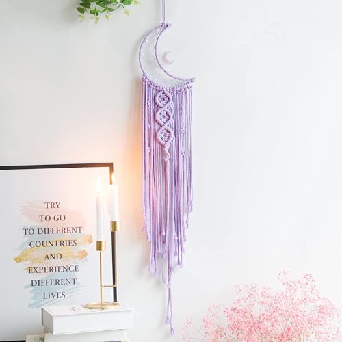 Purple Moon Dream Catcher with Lights, Macrame Gifts for Girls, Bohemian Home Decoration, Gift Idea, Moon Decor, Teen Girl Gifts, Room Decor, Bedroom Decor, Women Gifts, Birthday Gifts, Party Gifts - Purple Moon