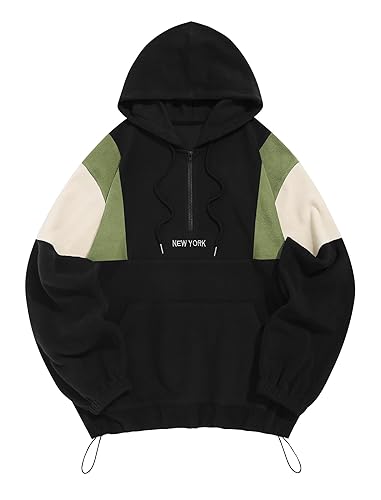 ZAFUL Men's Fluffy Polar Fleece Sweatshirt NEW YORK Embroidery Colorblock Half Zip Unisex Hoodie - XX-Large - 2-black