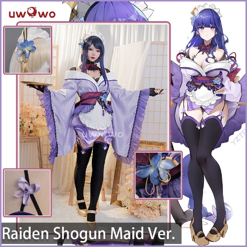 Uwowo Genshin Impact Fanart: Raiden Shogun Ei/Baal Kimono Maid Sexy Ver. 2-in-1 Maid&Lingerie Cosplay Costume | S