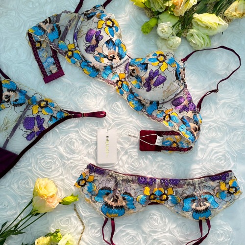 Purple Flowers Embroidered See Through 3pc Lingerie Set With Garter Belt S,M,L | S / PURPLE