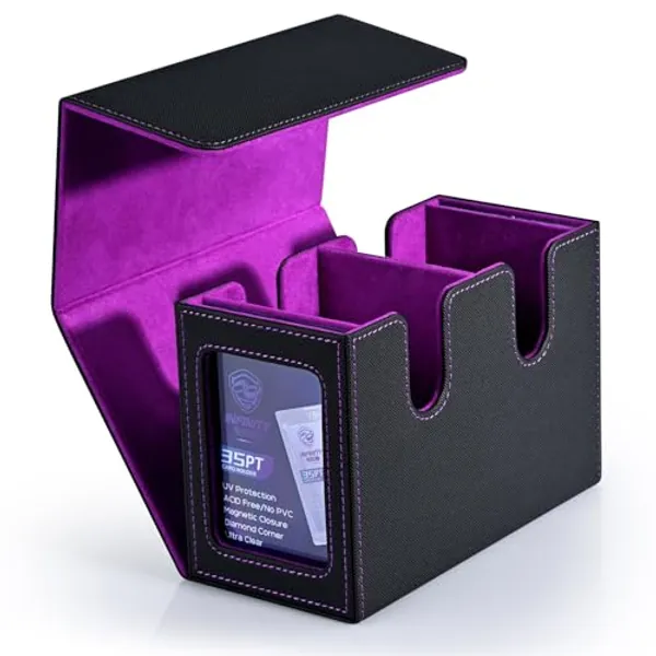 Infinity Guard Card Deck Box with 2 MTG Commander Display - Patented Design, Trading Card Storage Box Hold to 280+ Single Sleeved Cards Fits for TCG CCG Magic Cards (Black&Purple)