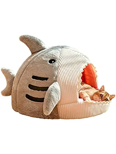 QWINEE Cat Mat Shark-Shaped Kennel Kitten Bed Hideout House Warm Soft Comfortable Semi-Closed Cat Dog Nest Grey Small