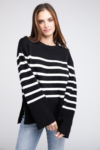 Ribbed Hem Stripe Sweater - BLACK / XL