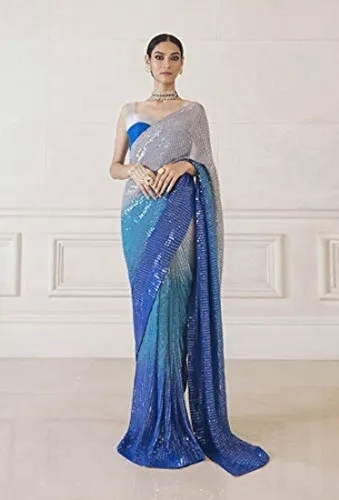 Blue Sequinned Embroidered Saree