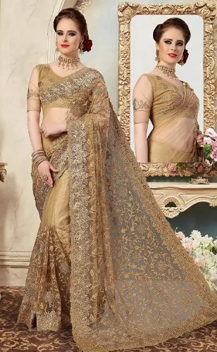 Gold Women's Woven Net Embroidery Saree