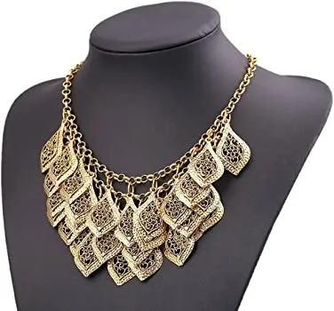Vintage Gorgeous Multilayer Gold Plated Leaves Chain Collar Bib Chunky Necklace