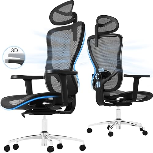 Devoko Ergonomischer Bürostuhle mit ultraweichen 3D-Armlehnen, verstellbarer Lendenwirbelstütze, Schreibtischstühle, PC Stuhl, Computerstuhl mit atmungsaktivem Mesh-Kissen, Belastung bis 150KG Schwarz - Schwarz