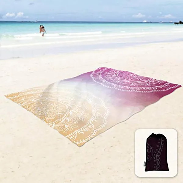 Sunlit Silky Soft 106"x81" Boho Sand Proof Beach Blanket Sand Proof Mat with Corner Pockets and Mesh Bag for Beach Party, Travel, Camping and Outdoor Music Festival, Orange Purple Mandala