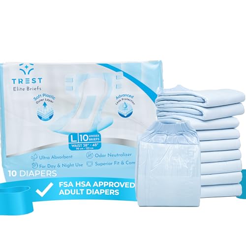 TREST Elite Briefs for Men and Women, Overnight Diapers for Incontinence, Elite Absorbency, Comfortable, Odor Neutralizing and Secure Fit with 2 Wide Tabs - Blue, Large (Pack of 10) - Blue - Large (Pack of 10)