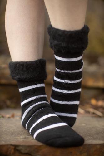 New Zealand Bed Socks with Stripes | Black with Winter White
