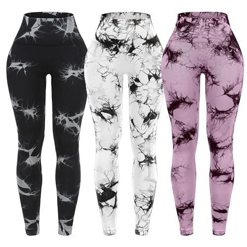 OVESPORT 3 Pack Tie Dye Seamless High Waisted Workout Leggings for Women Scrunch Butt Lifting Yoga Gym Athletic Pants - Medium - Black/White/Watermelon Red