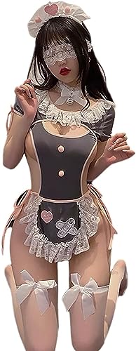 SNOMYRS Maid Outfit Anime Cosplay Costume Japanese Sweet Apron Fancy Kawaii Lace Up One Piece Lingerie Bodysuit - With Stockings - One Size