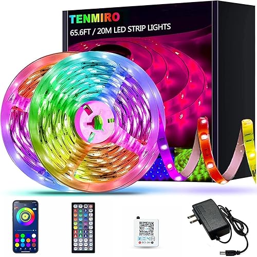 Tenmiro 65.6ft Led Strip Lights, Ultra Long RGB Color Changing LED Light Strips Kit with 44 Keys Ir Remote Led Lights for Bedroom, Kitchen, Home Decoration - 65.6ft
