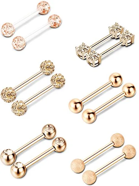 6 Pairs Nipple Bars Surgical Stainless Steel Piercing Titanium Barbell Ring Tongue Ring Cubic Zirconia Nipple Rings Body Piercing Jewelry, 14 Gauge