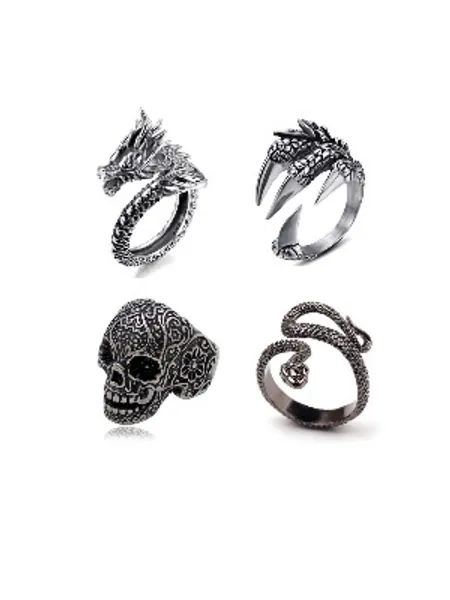 BYONDEVER Vintage Punk Silver Black Chinese Dragon Snake Dragon Claw Skull Rings Jewelry Gothic Alloy Open Adjustable