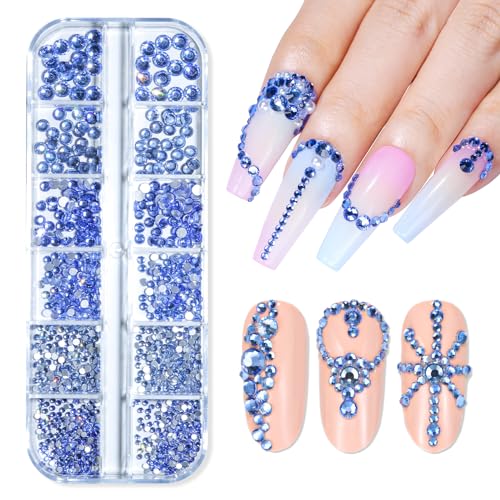 Makartt Blue Nail Rhinestones Flatback Rhinestones Multi-Size Round Crystal Glass Nail Charms Diamonds Nail Jewels Rhinestones for DIY Crafts Makeup Nail Art Supplies Accessories Christmas Gift - Nail Rhinestone Blue