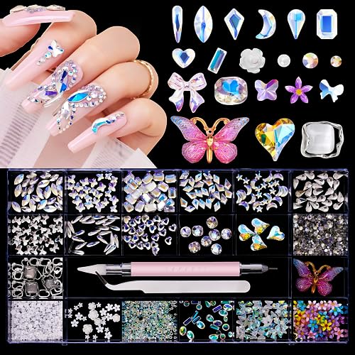 Makartt Nail Art Rhinestones Kit Nail Charms Pearls 3D Halloween Decor Butterfly Bow Crystal with Dual-End Picker Pen and Tweezer for Acrylic Nails Crafts Clothes Jewelry Bag Decoration DIY At Home - Nail Rhinestone 3D Butterfly Bows Kit