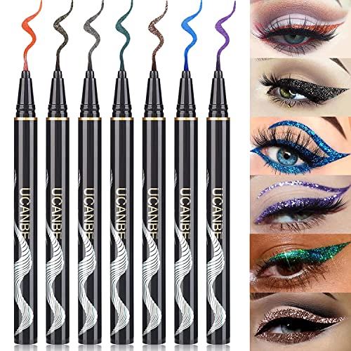 UCANBE 7 Colors Shimmer Liquid Eyeliner Makeup Set, Metallic Satin Finish Colorful Sparkling Eye Liner Pen, Long Lasting High Pigmented with Waterproof & Smudge Proof Formula - Multi-color_7pc