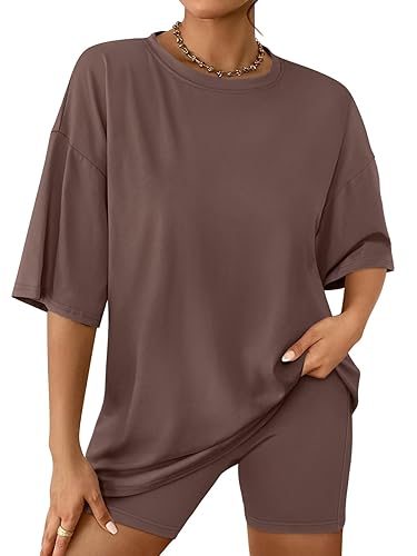 AUTOMET Womens 2 Piece Sets Summer Outfits 2025 Two Piece Lounge Set Matching Clothing Oversized Tshirts Biker Short Fashion - X-Large - Brown