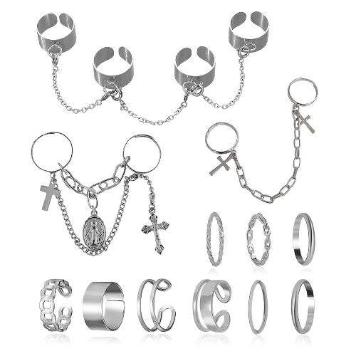 Chain Rings for Teen Girls Punk Gothic Rings for Women Rings Aesthetic Set Adjustable Vintage Stackable Rings for Women - chain ring set