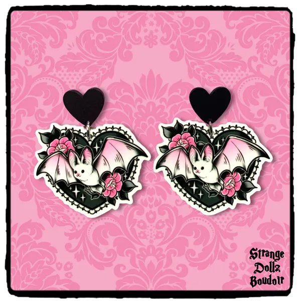 Bat earrings, 925 sterling silver, Cute gothic jewellery, Pastel Goth, Strange Dollz Boudoir