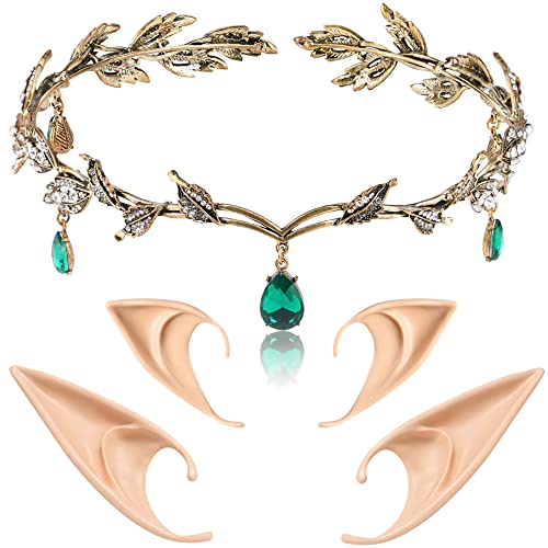 FRESHME Elf Ears with Leaf Headpiece Set Soft Pointed Fairy Ears Rhinestone Headband Crown for Women Renaissance Halloween